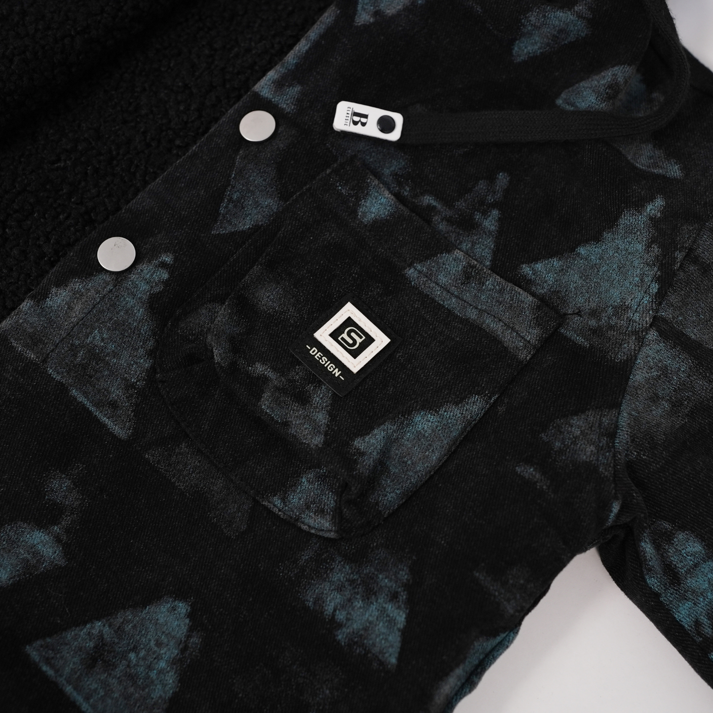 Black jacket with washed blue triangle print