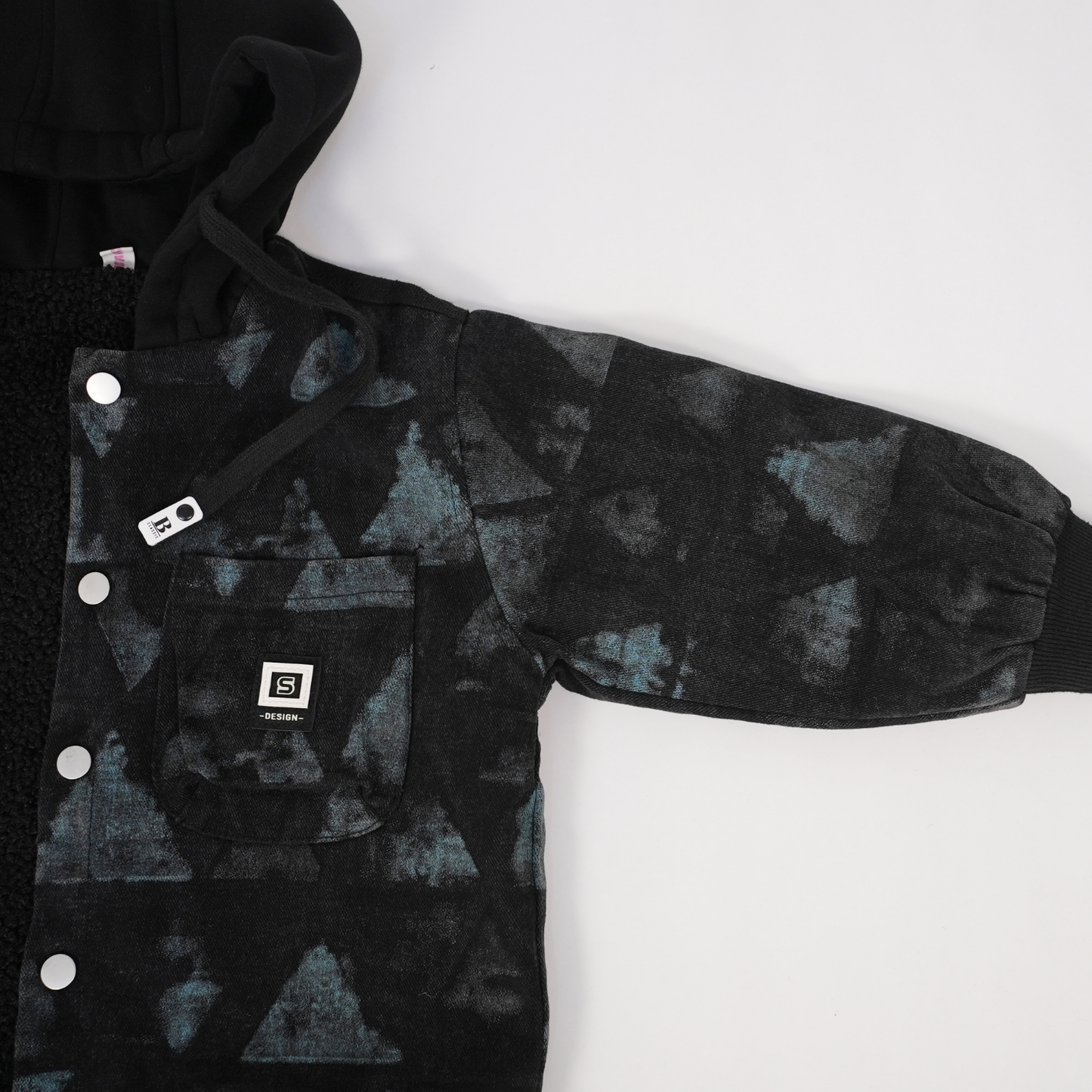 Black jacket with washed blue triangle print