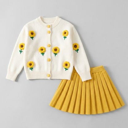 Sunflower knit cardigan and skirt set