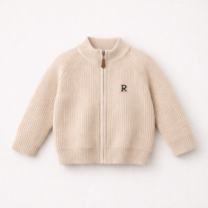 Ribbed Zip Cardigan with Monogram Detail
