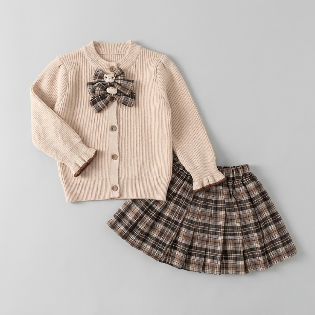 ⁠Cream Cardigan with Checked Skirt