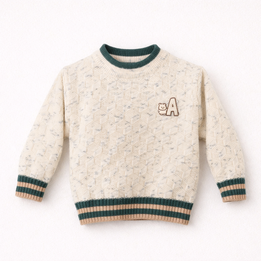 White textured sweater with green rib trims