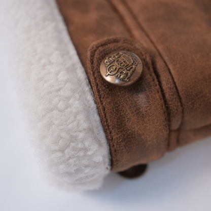 Brown faux-leather jacket with sherpa highlights