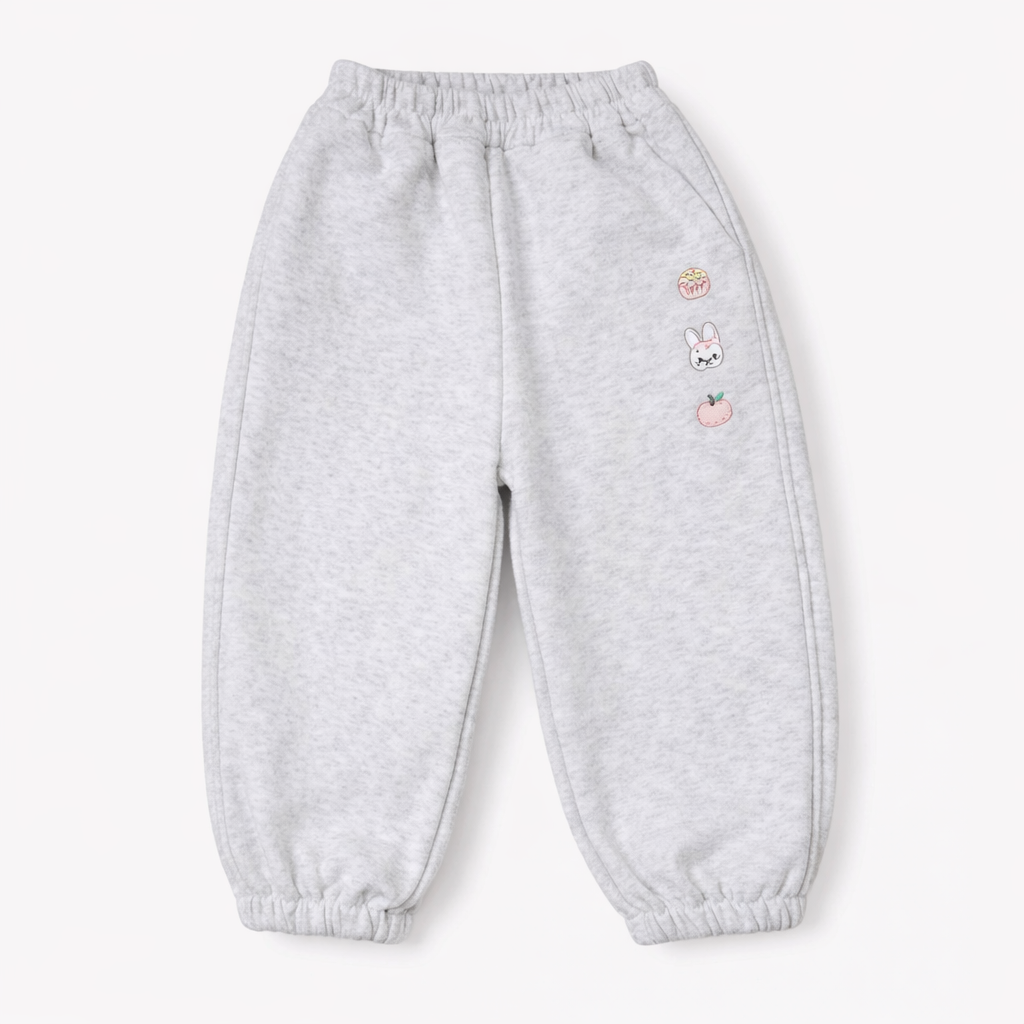 Grey ⁠Fleece Joggers – Bunny & Apple Embroidery