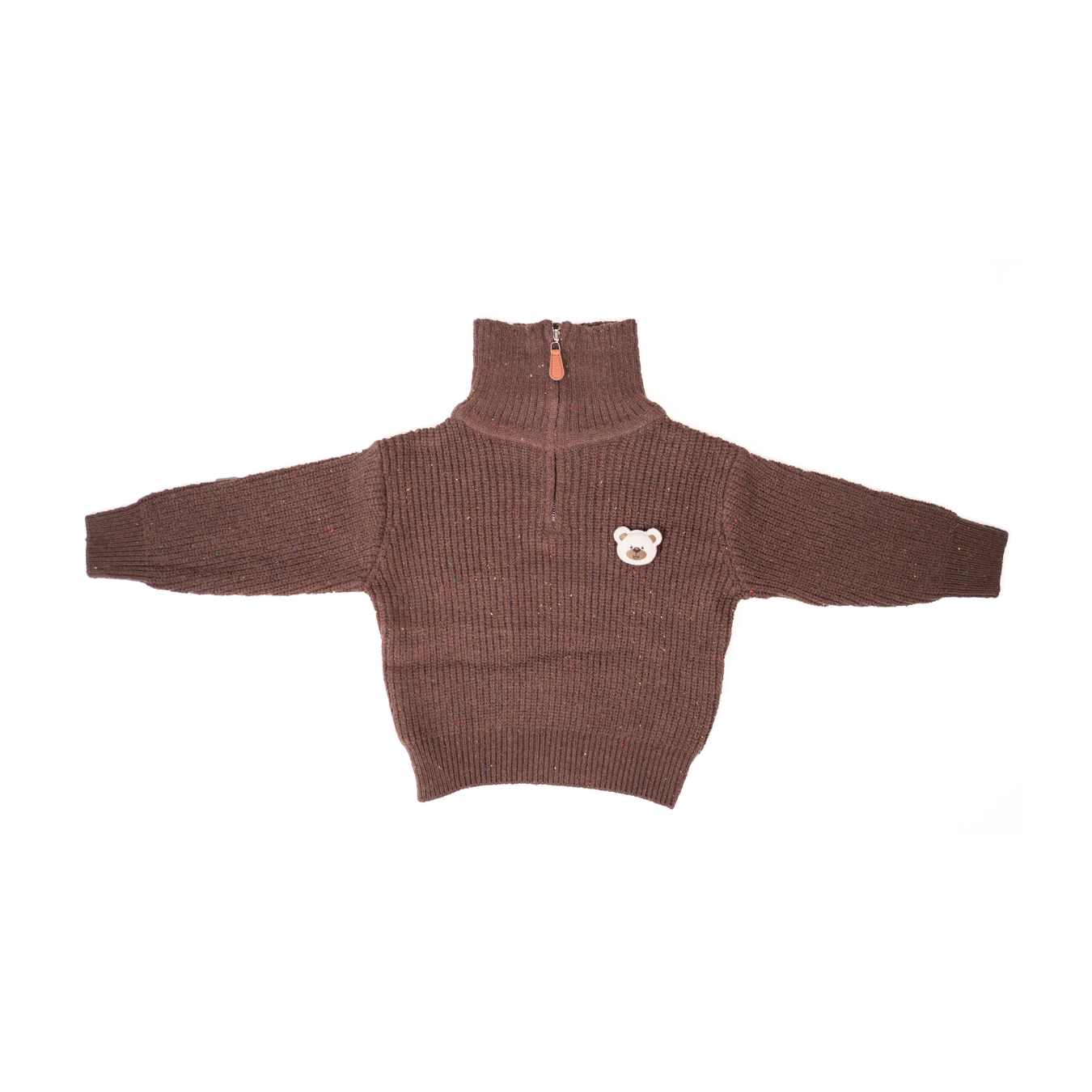 Brown zip-up knit sweater with bear brooche