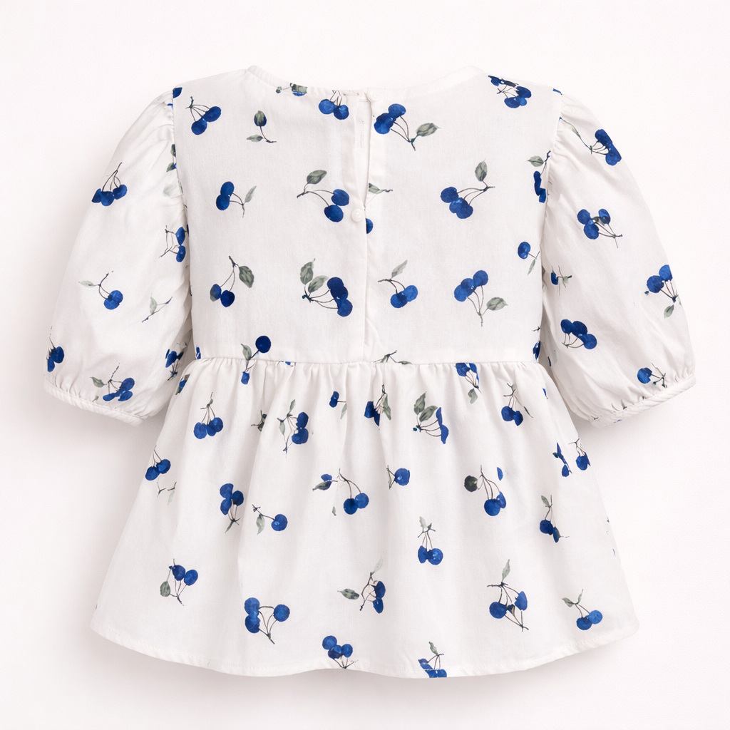 Blue Cherry Print Ruffle top