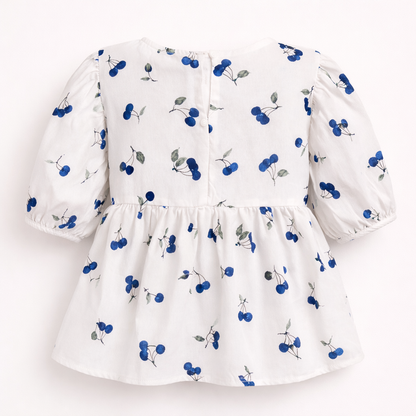 Blue Cherry Print Ruffle top