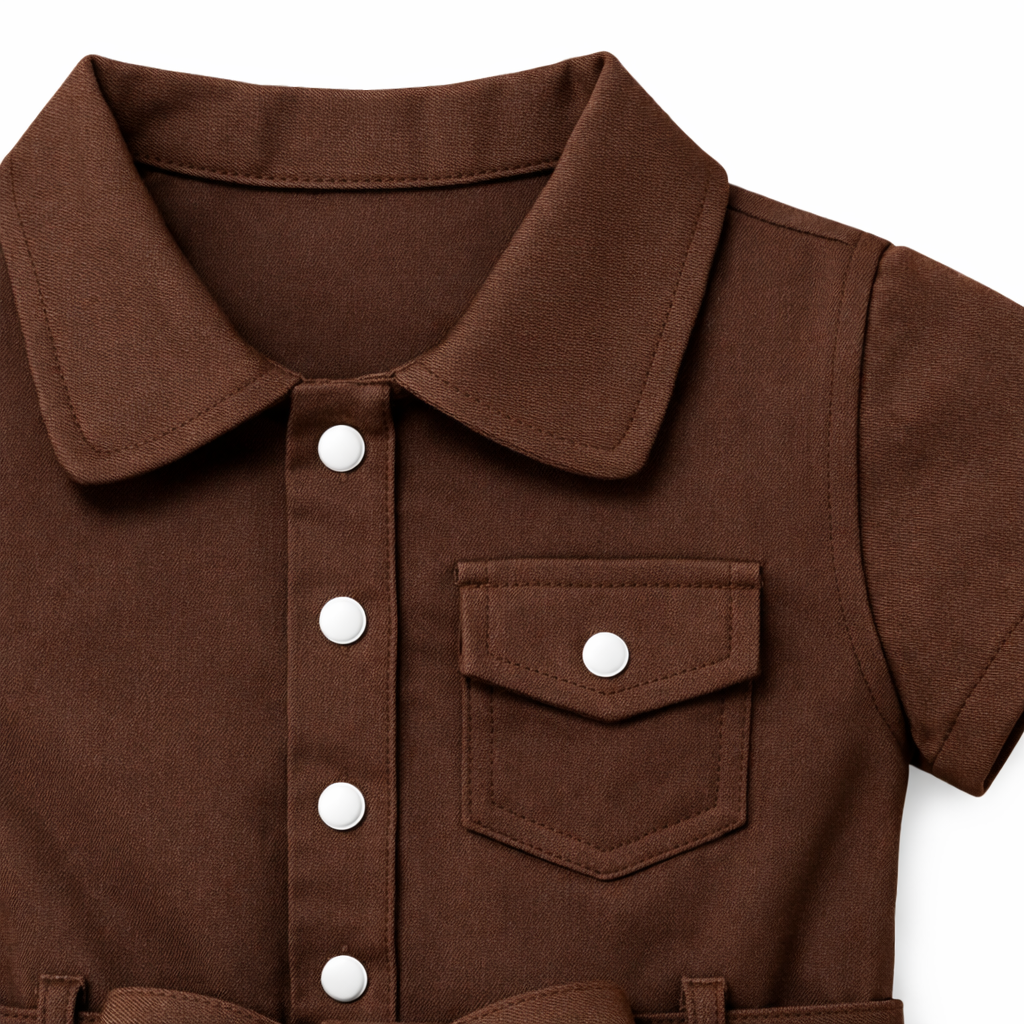 Cocoa Button-Front Belted Dress