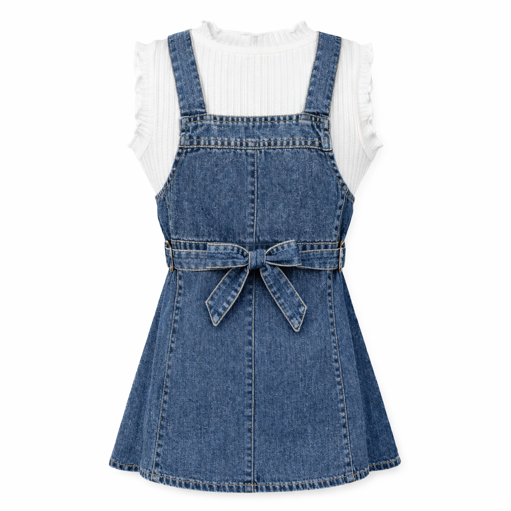 Denim Bow Pinafore Dress Set