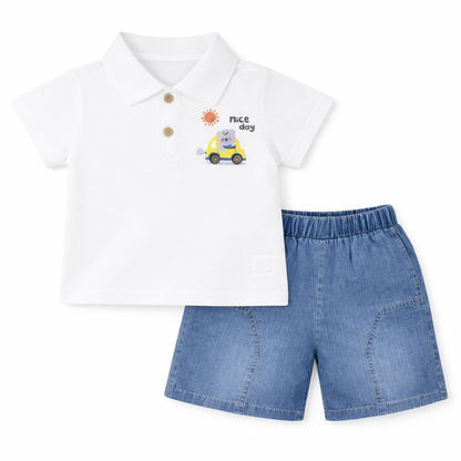 Car Print Polo Tee & Denim Shorts Set