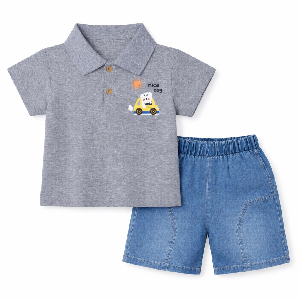 Car Print Polo Tee & Denim Shorts Set