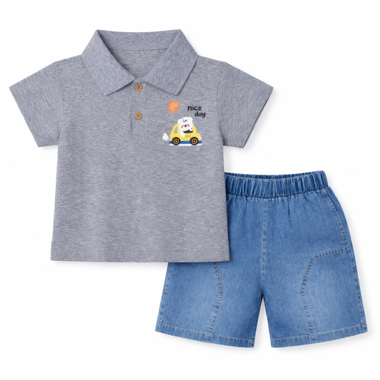 Car Print Polo Tee & Denim Shorts Set
