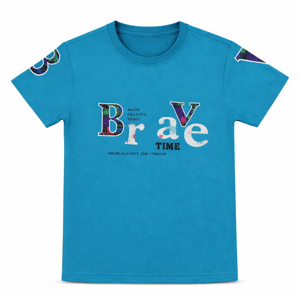 Turquoise Blue “Brave Time” Graphic T-Shirt