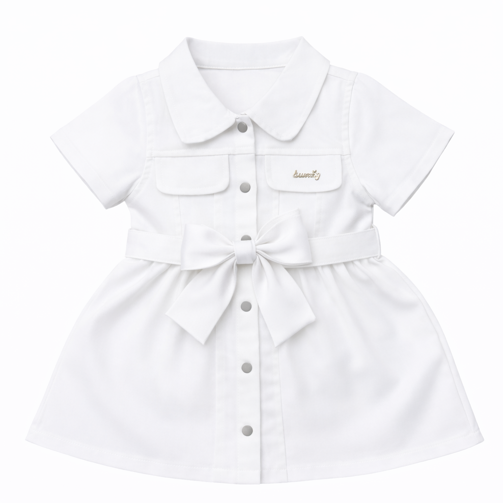 white Button-Down Belted Dress