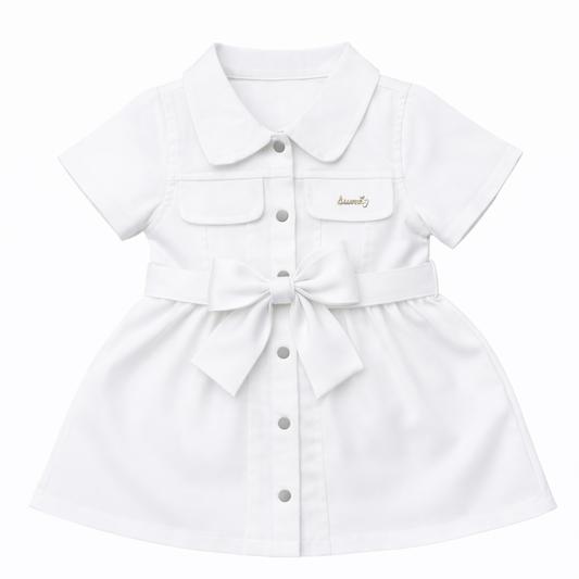 white Button-Down Belted Dress