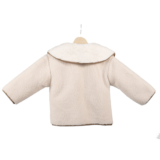 Off white fleece coat with brown piping