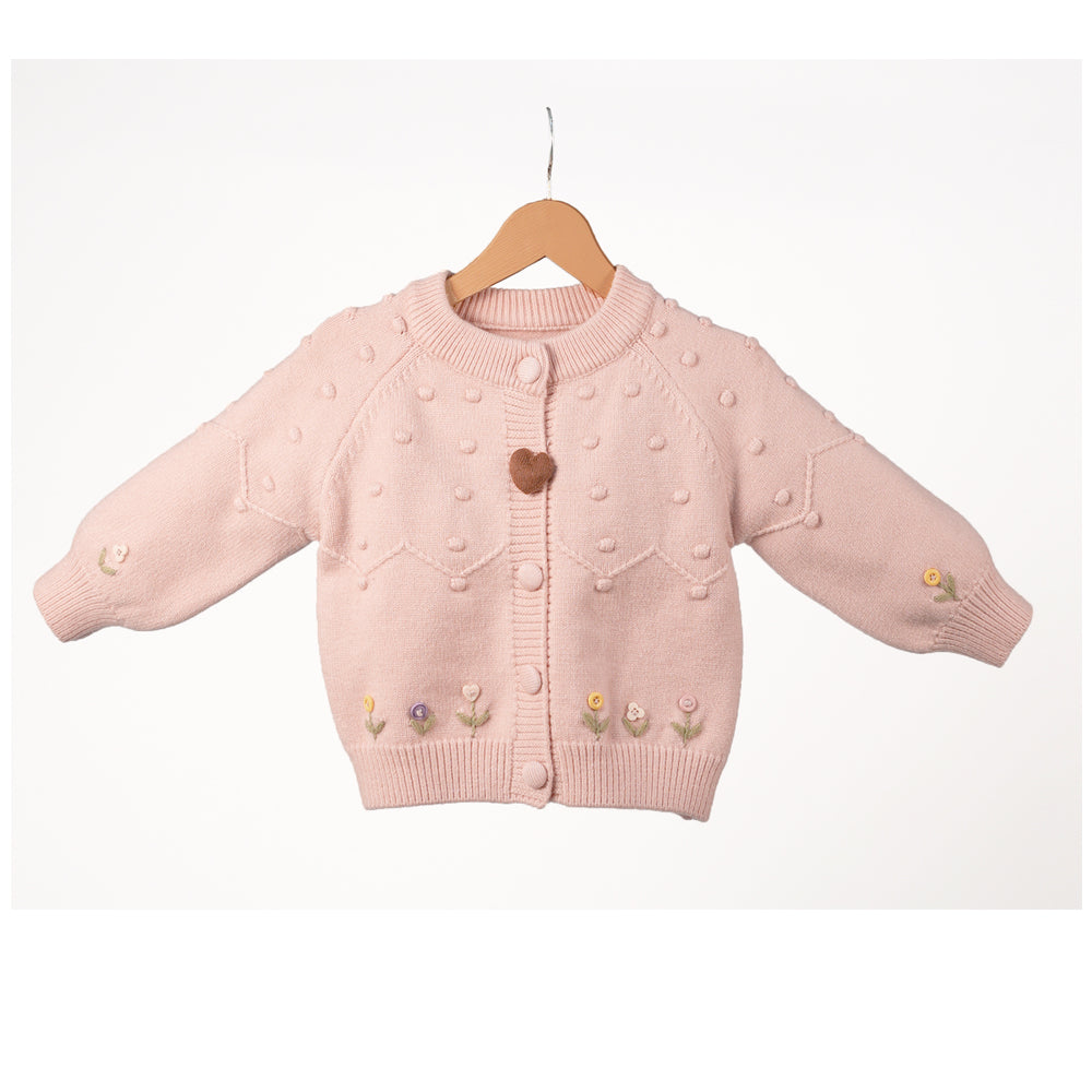 Dusty pink cardigan with heart and floral embroidery