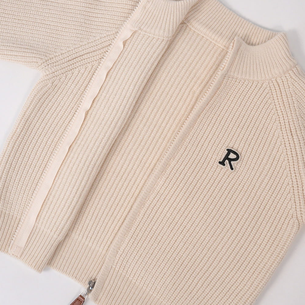 Ribbed Zip Cardigan with Monogram Detail