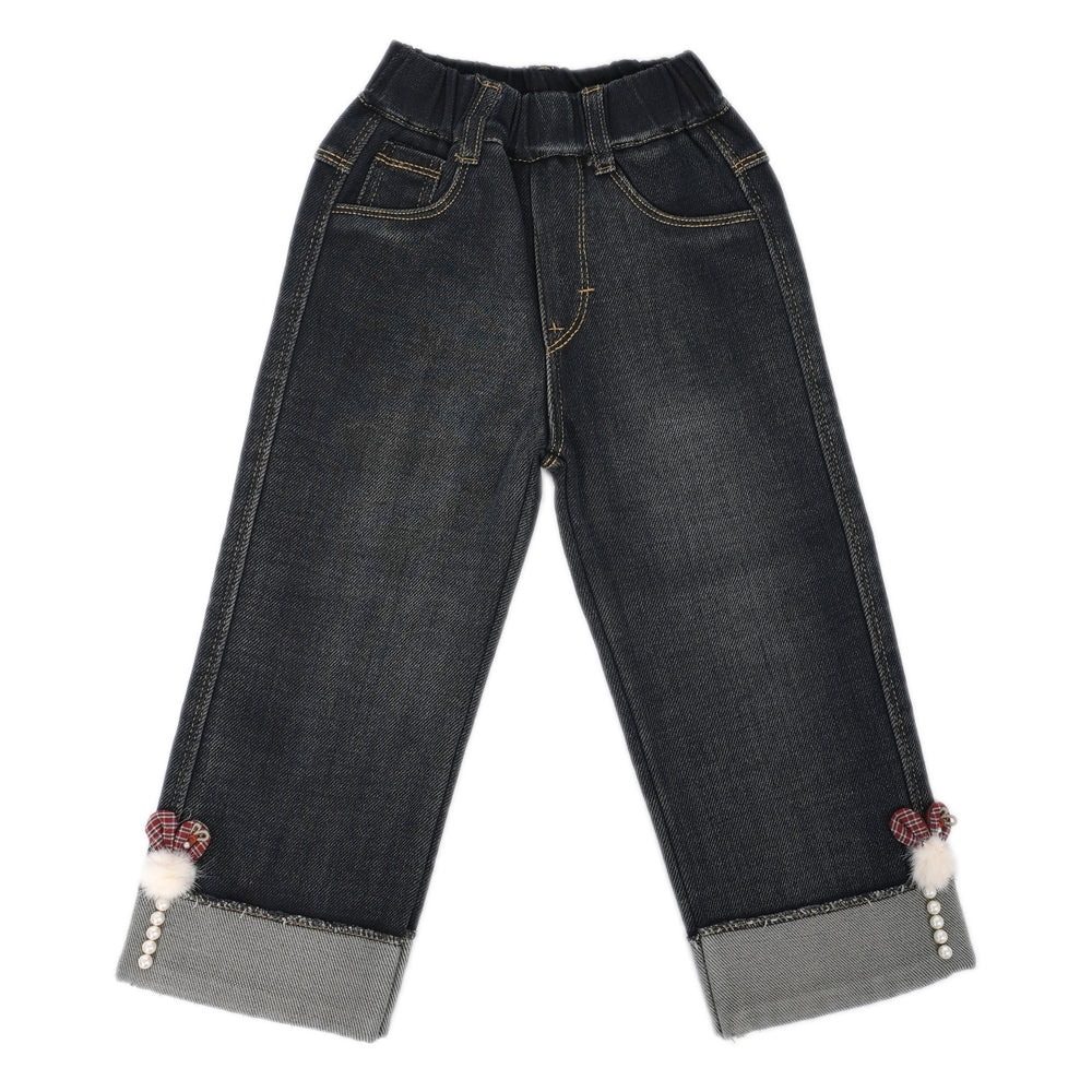 Fur charm denim pants
