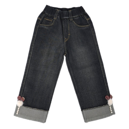 Fur charm denim pants
