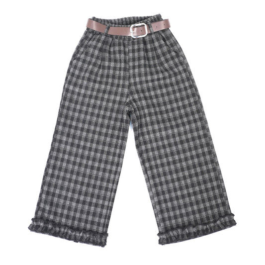 Grey and black check wide-leg pants with belt