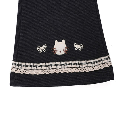 Navy stretch pants with lace & cat embroidery at hem