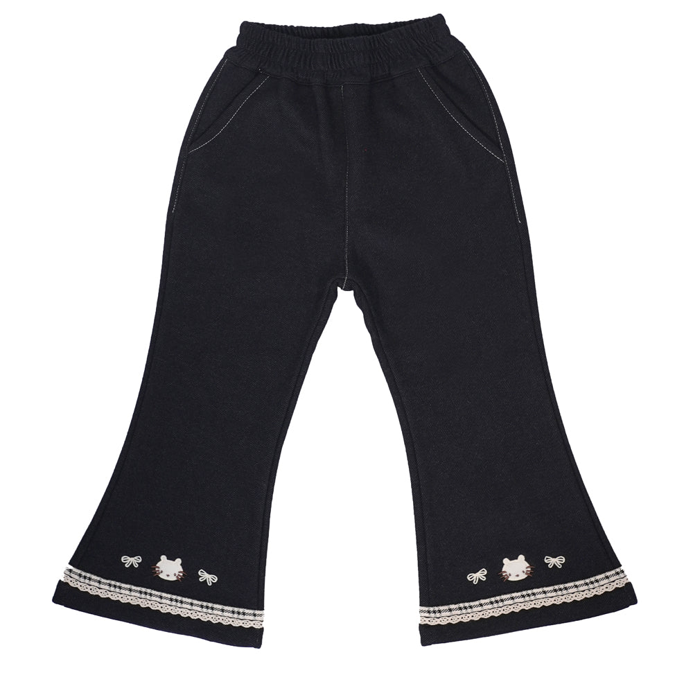 Navy stretch pants with lace & cat embroidery at hem