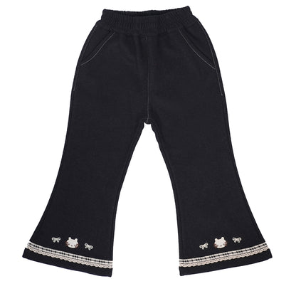 Navy stretch pants with lace & cat embroidery at hem