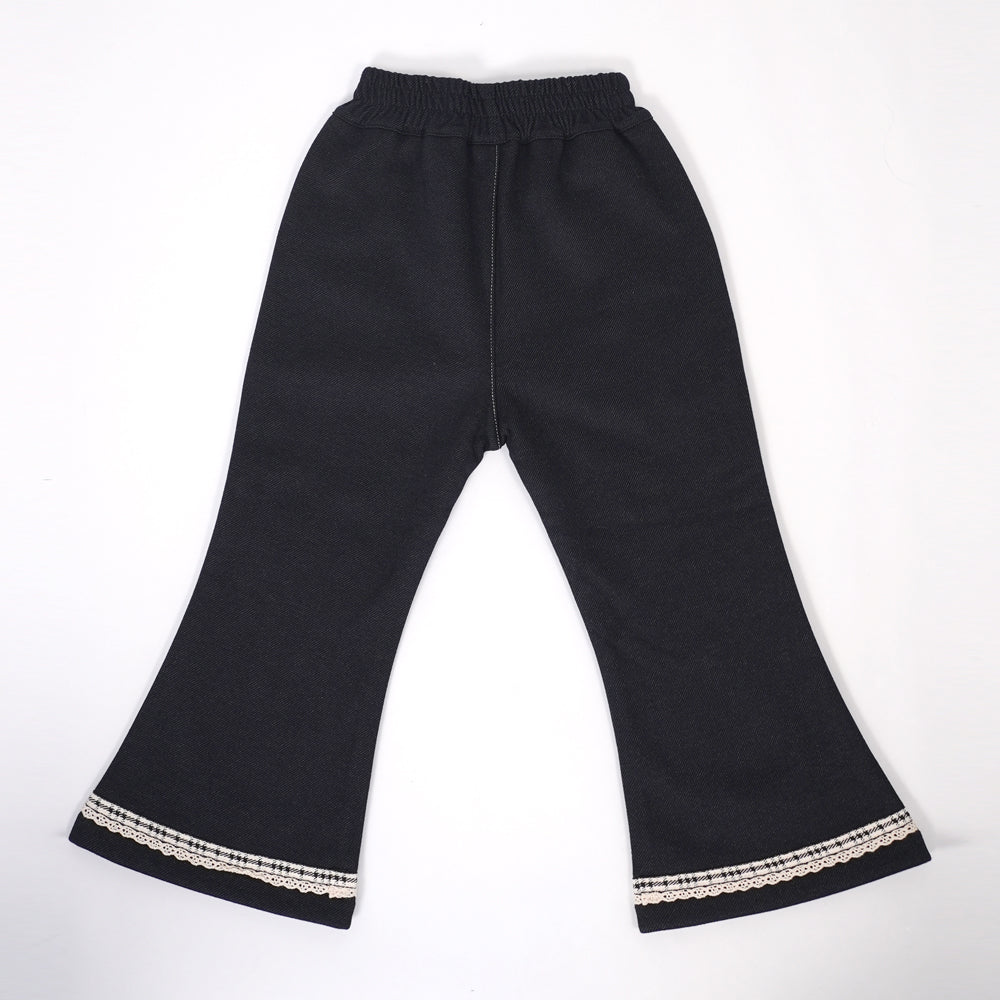 Navy stretch pants with lace & cat embroidery at hem
