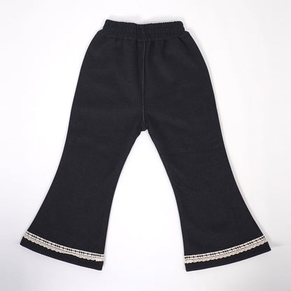 Navy stretch pants with lace & cat embroidery at hem