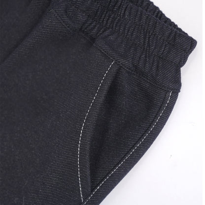 Navy stretch pants with lace & cat embroidery at hem