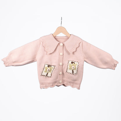 Pink collared cardigan with floral pockets