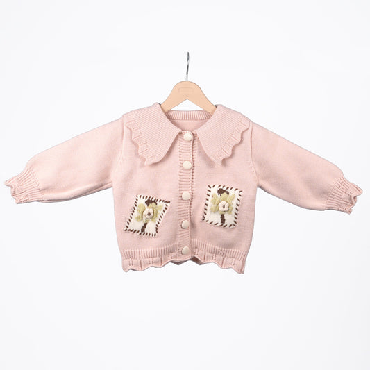 Pink collared cardigan with floral pockets