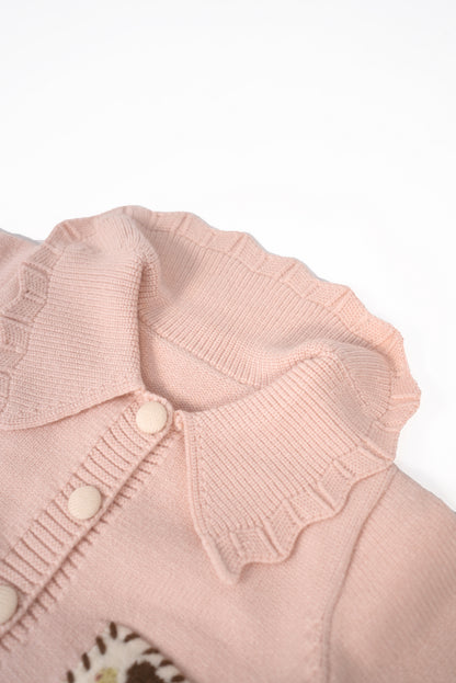 Pink collared cardigan with floral pockets