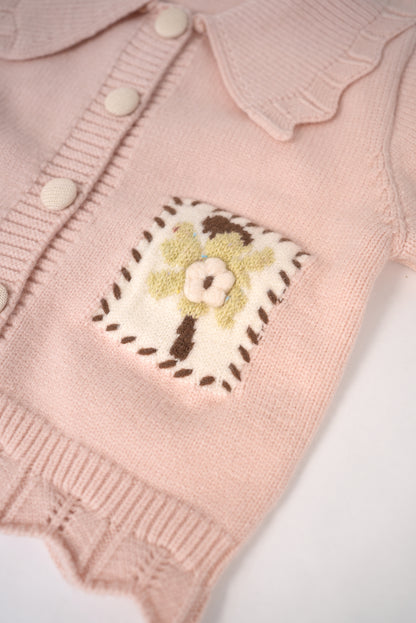 Pink collared cardigan with floral pockets