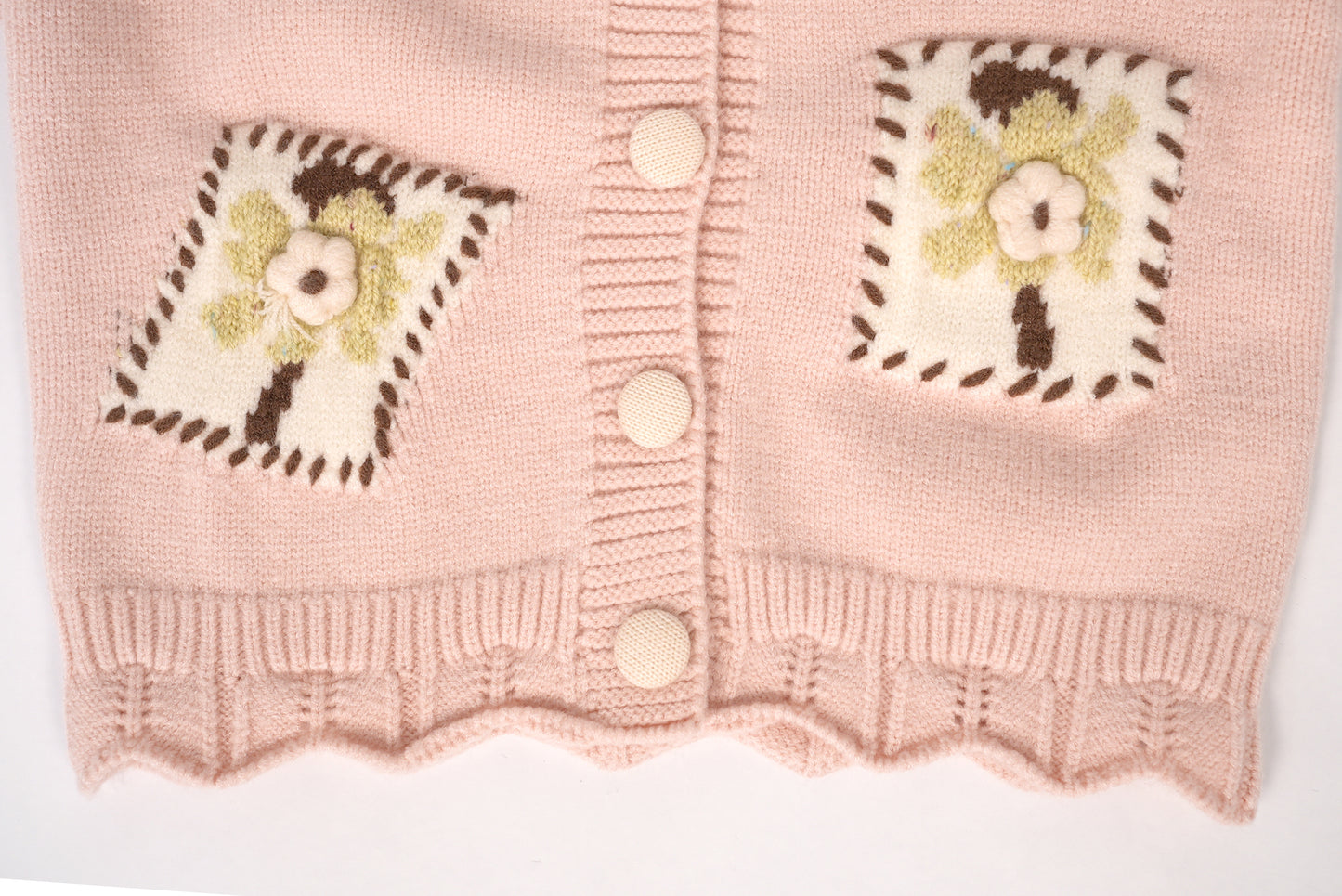 Pink collared cardigan with floral pockets
