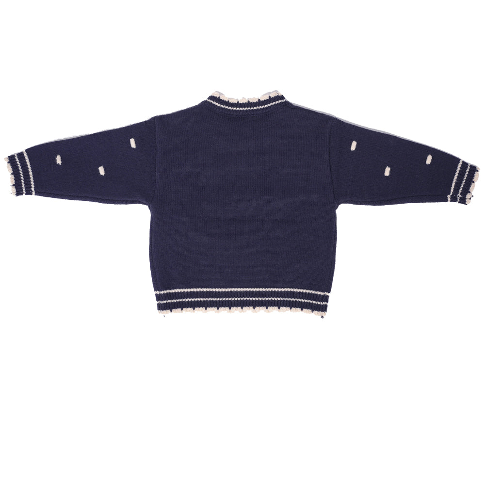 Navy sweater with bows and trims