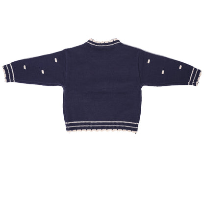 Navy sweater with bows and trims