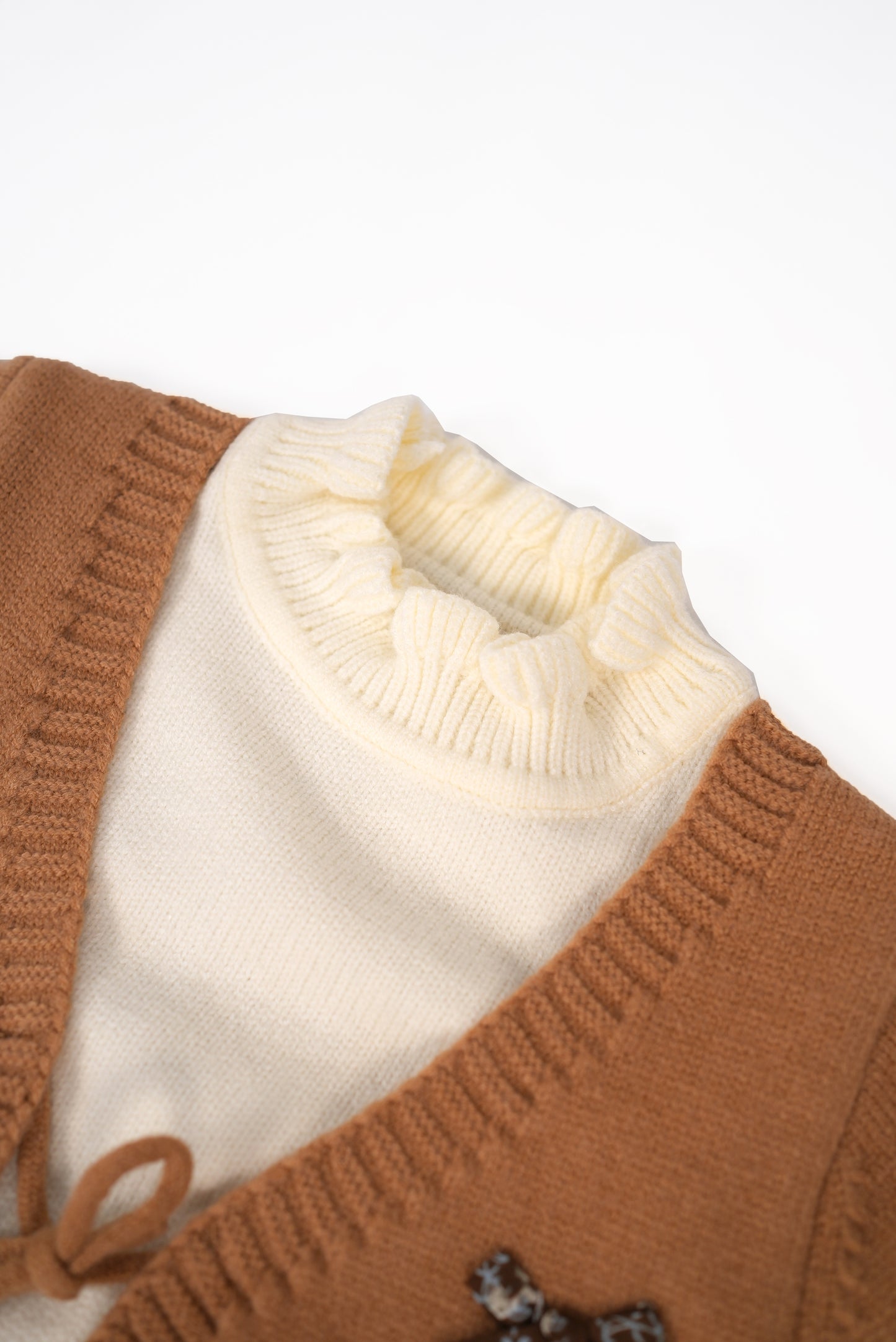Camel knit cardigan set with cream inner top