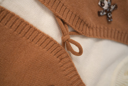 Camel knit cardigan set with cream inner top