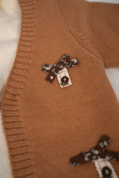 Camel knit cardigan set with cream inner top