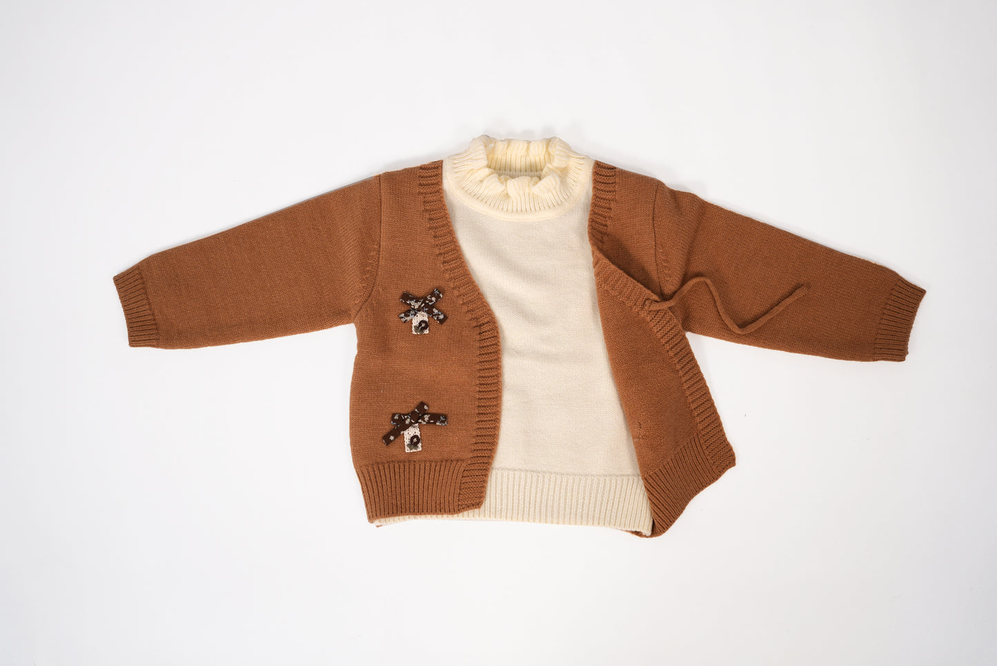 Camel knit cardigan set with cream inner top