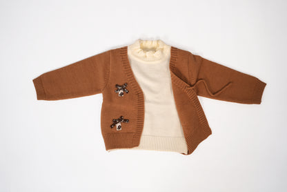 Camel knit cardigan set with cream inner top