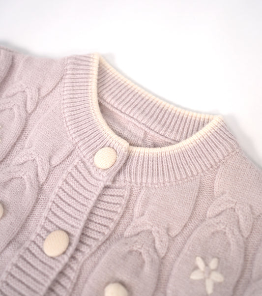 Dusty lilac sweater with white flower accents