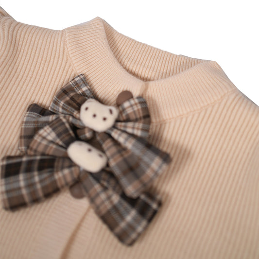 ⁠Cream Cardigan with Checked Skirt