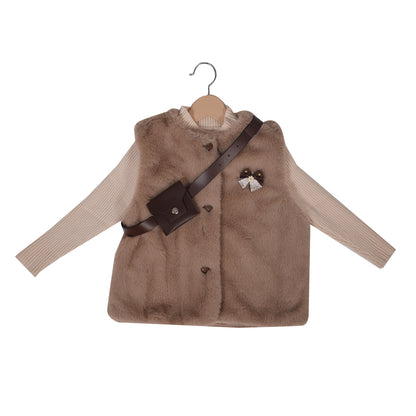 3-Piece Plaid & Faux Fur Vest Set with Belted Charm