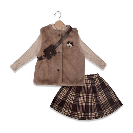 3-Piece Plaid & Faux Fur Vest Set with Belted Charm