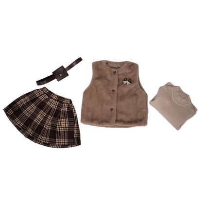 3-Piece Plaid & Faux Fur Vest Set with Belted Charm