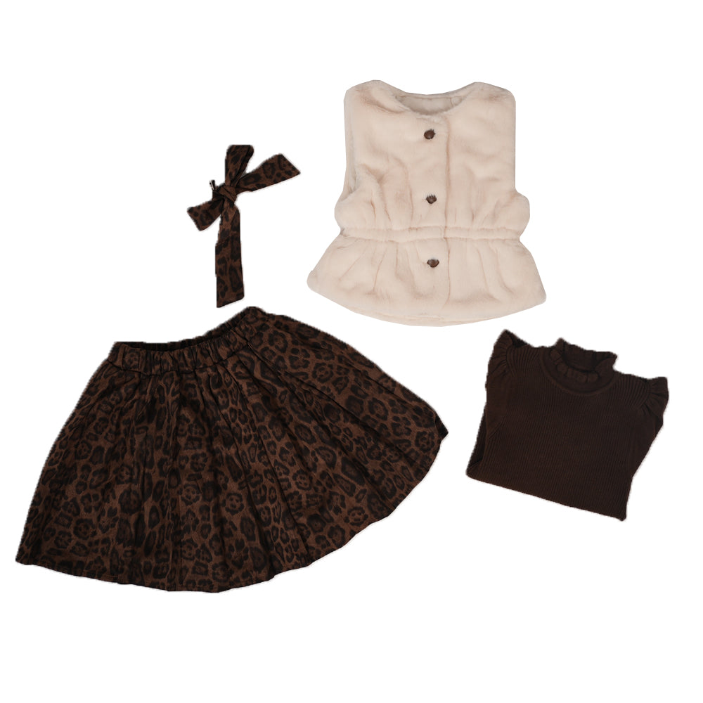 Wildly Chic – Leopard Print Skirt & Faux Fur Vest Set for Mini Fashionistas