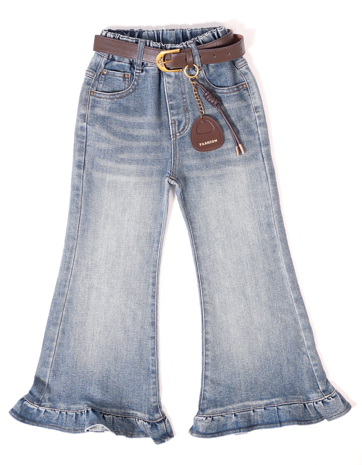 Light-Wash Denim Flared Jeans with Belt and Charm